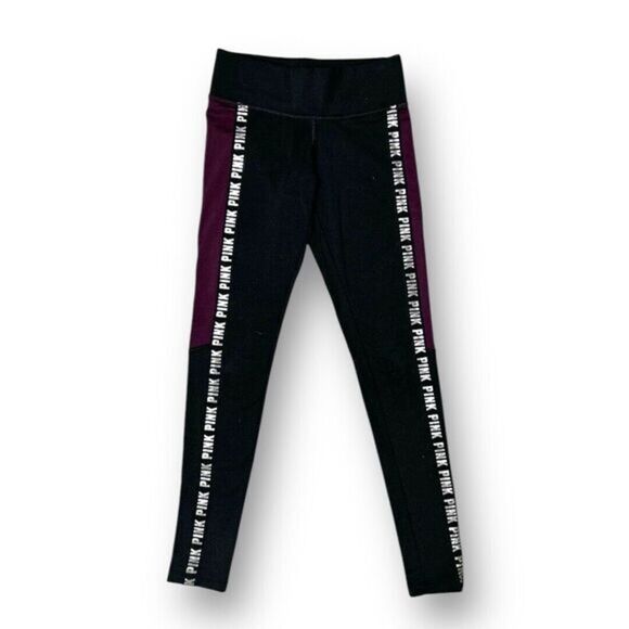 PINK Victoria’s Secret XS Black Burgundy Leggings Logo Tape Stretch Athleisure - Picture 2 of 8